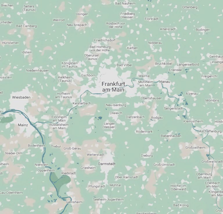 Karte von Frankfurt am Main mit umliegenden Orten und Flüssen.